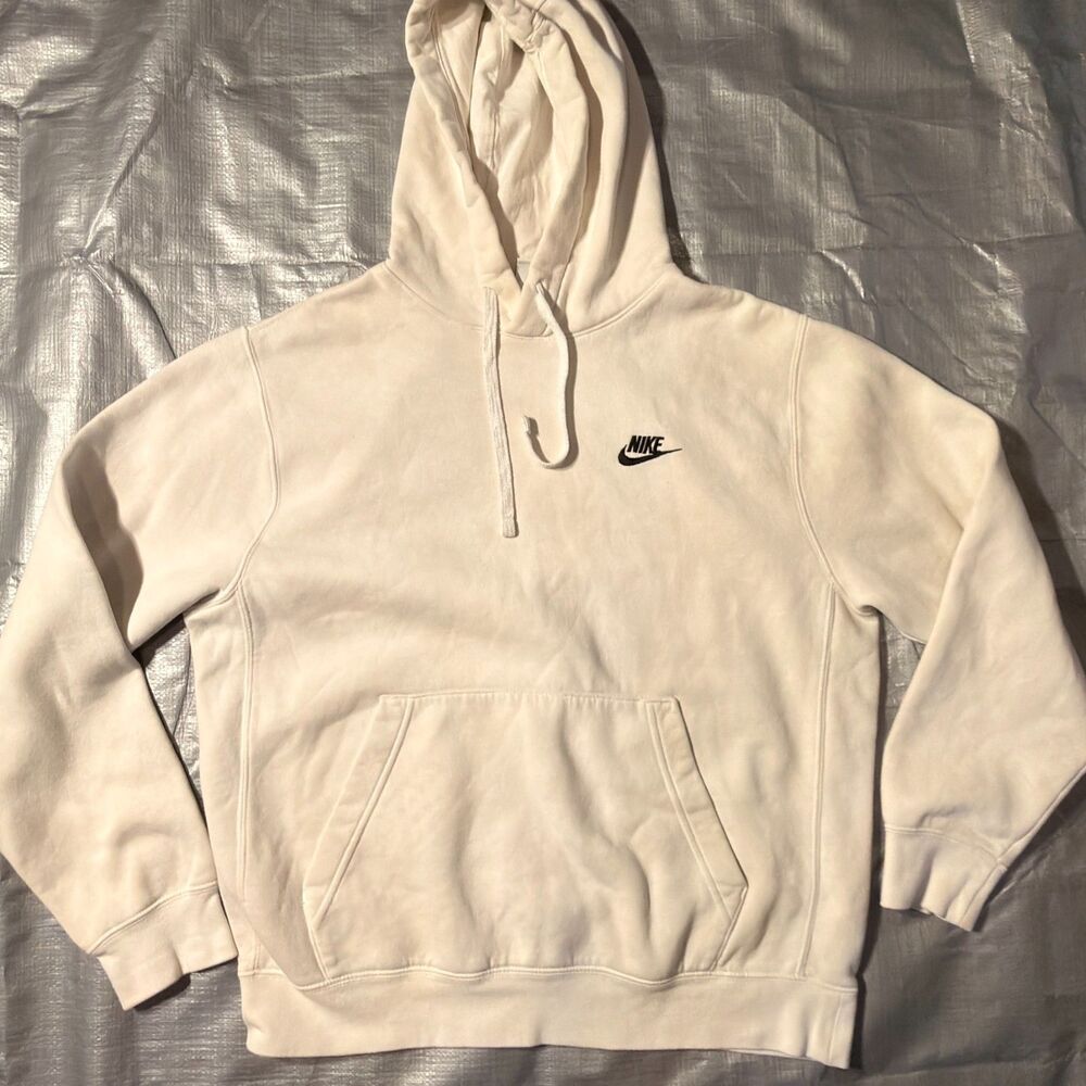 Nike Hoodie Mens Medium Cream Off White Embroidered Small Logo Club Fleece Pullo